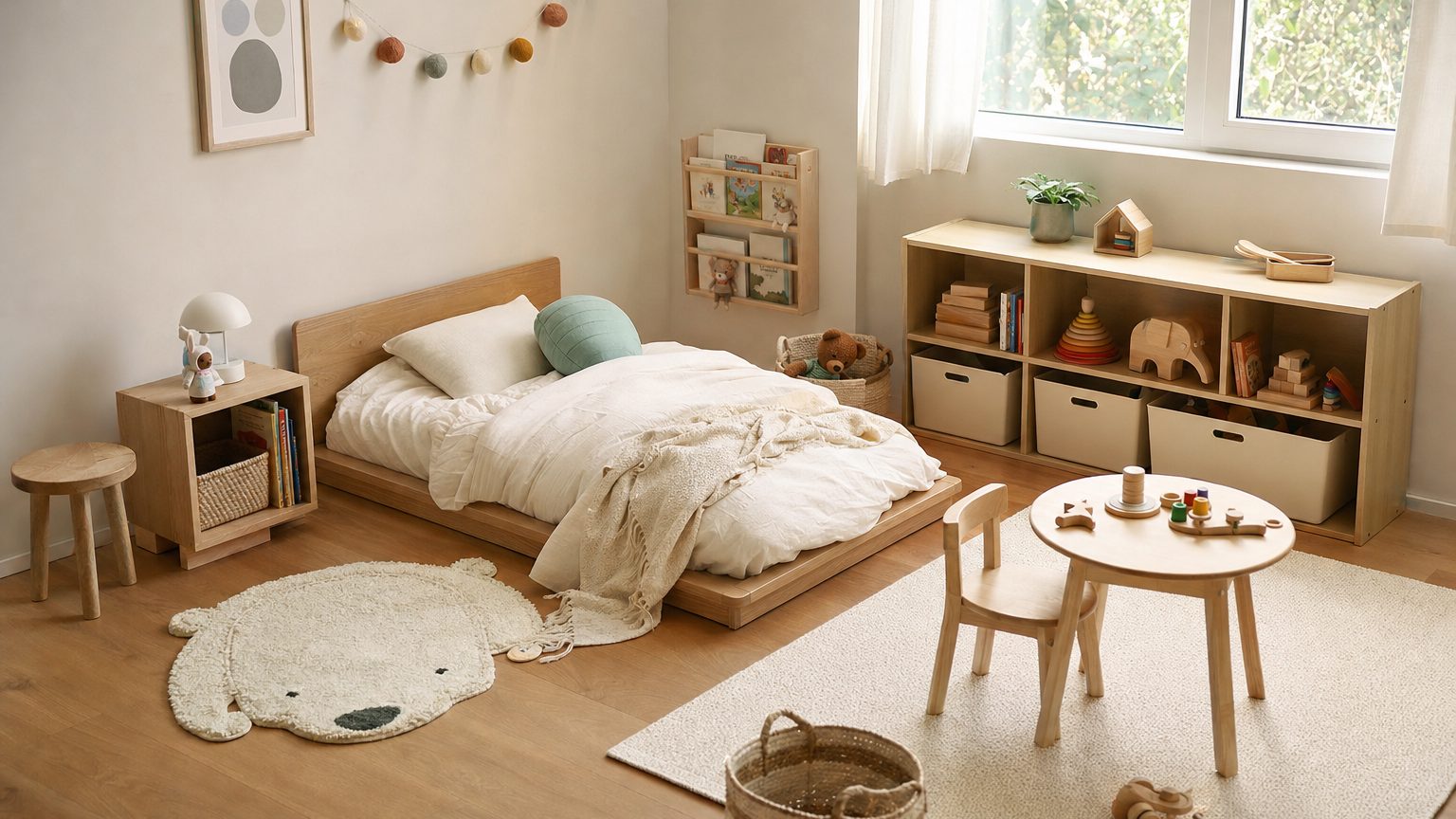 Chambre d'enfant de 3 ans avec lit bas, étagères basses à hauteur d'enfant et coin jeu délimité par un tapis