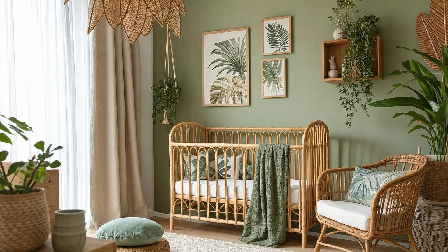Chambre bébé tropicale avec un mur vert sauge, mobilier en rotin et coussins à motifs feuillage stylisés