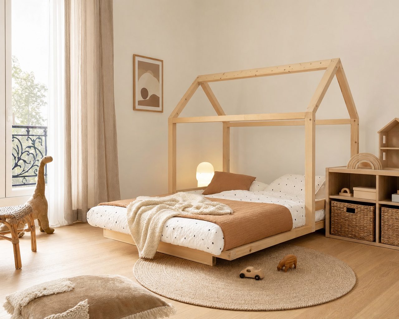 Chambre d'enfant lumineuse avec lit cabane en bois clair et rangements bas